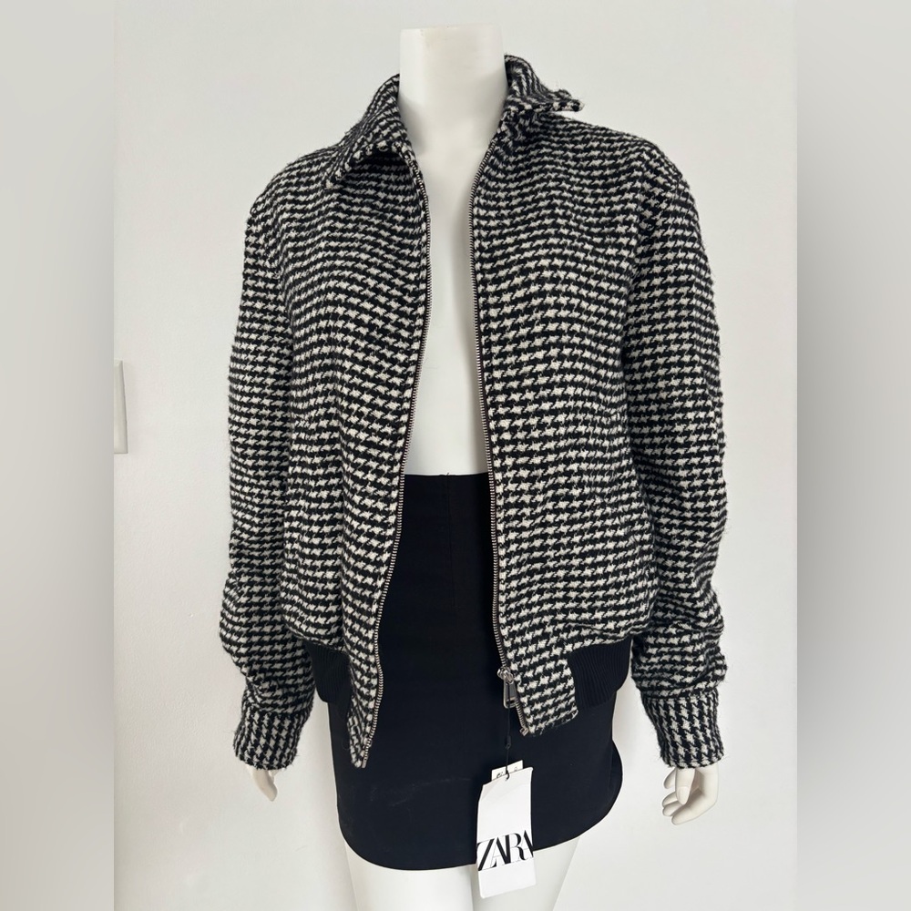 Zara Black & White Houndstooth Bomber Jacket